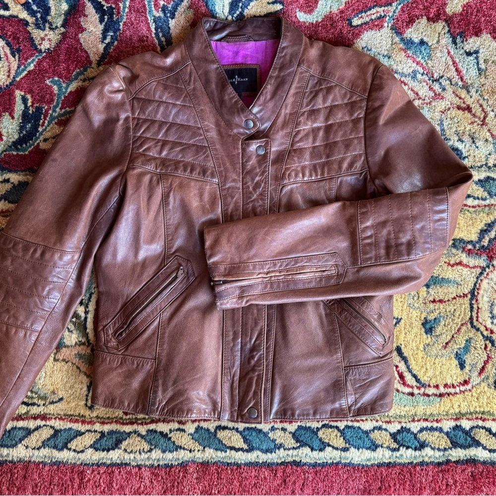 Cole Haan Brown Lambskin Leather Moto Jacket